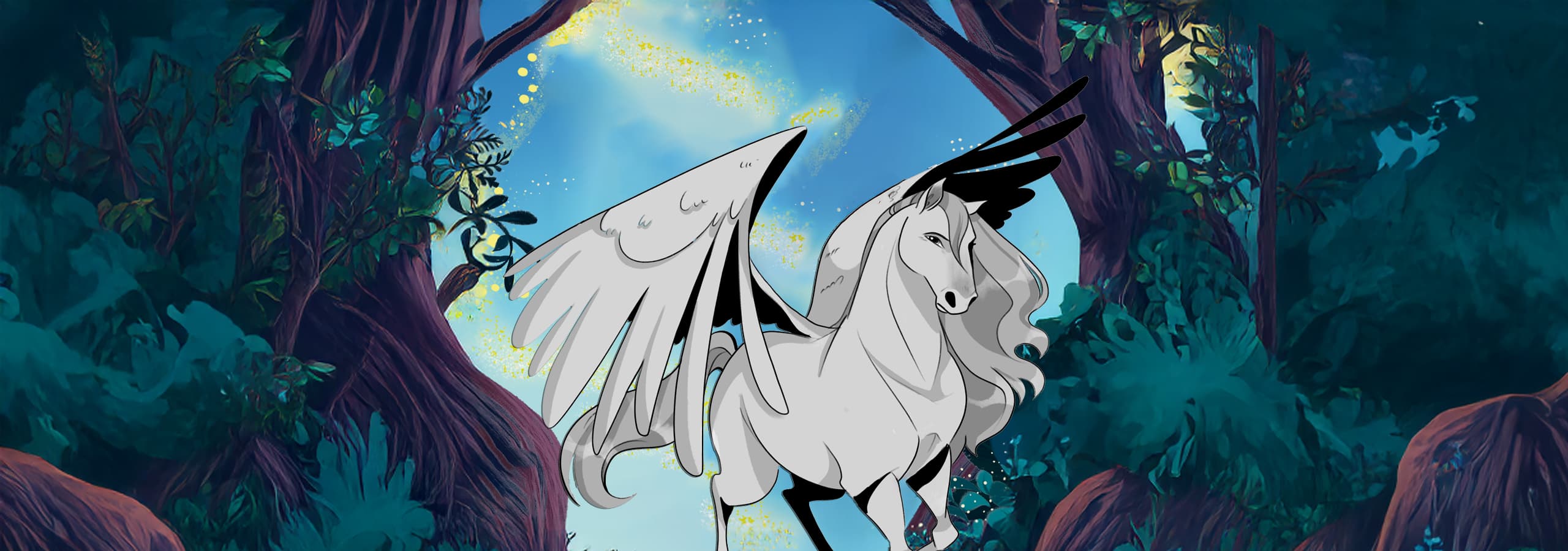 Illustrated background of a mystical forest and a pegasus character